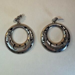 Vintage Sterling Silver Mexican Shadow Cut Hoop Earrings on Post, NO BACKING